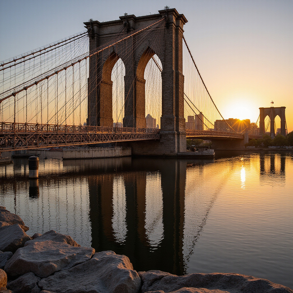 Widok na Most Brookliński o wschodzie słońca, stalowe liny i kamienne wieże