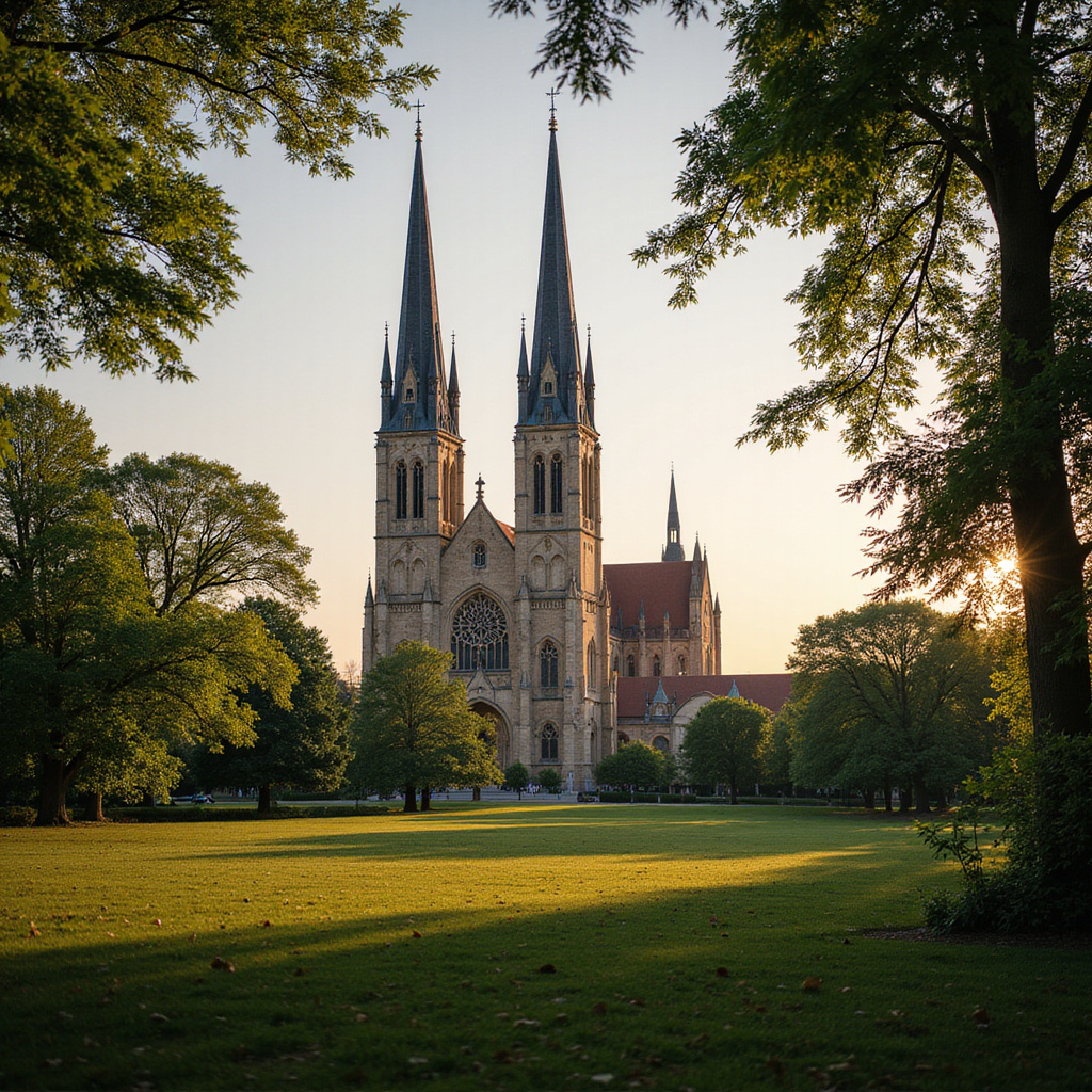 Neogotyckie wieże Katedry św. Wacława w Ołomuńcu widziane z parku miejskiego