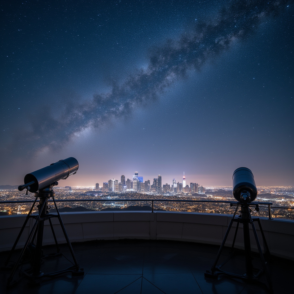 Taras obserwacyjny Griffith Observatory z teleskopami i widokiem na rozgwieżdżone niebo nad Los Angeles