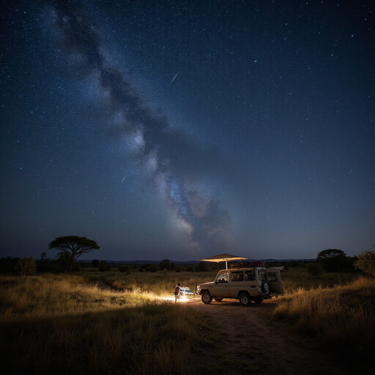 Nocne safari w Ol Pejeta z widokiem na sawannę i gwiazdy