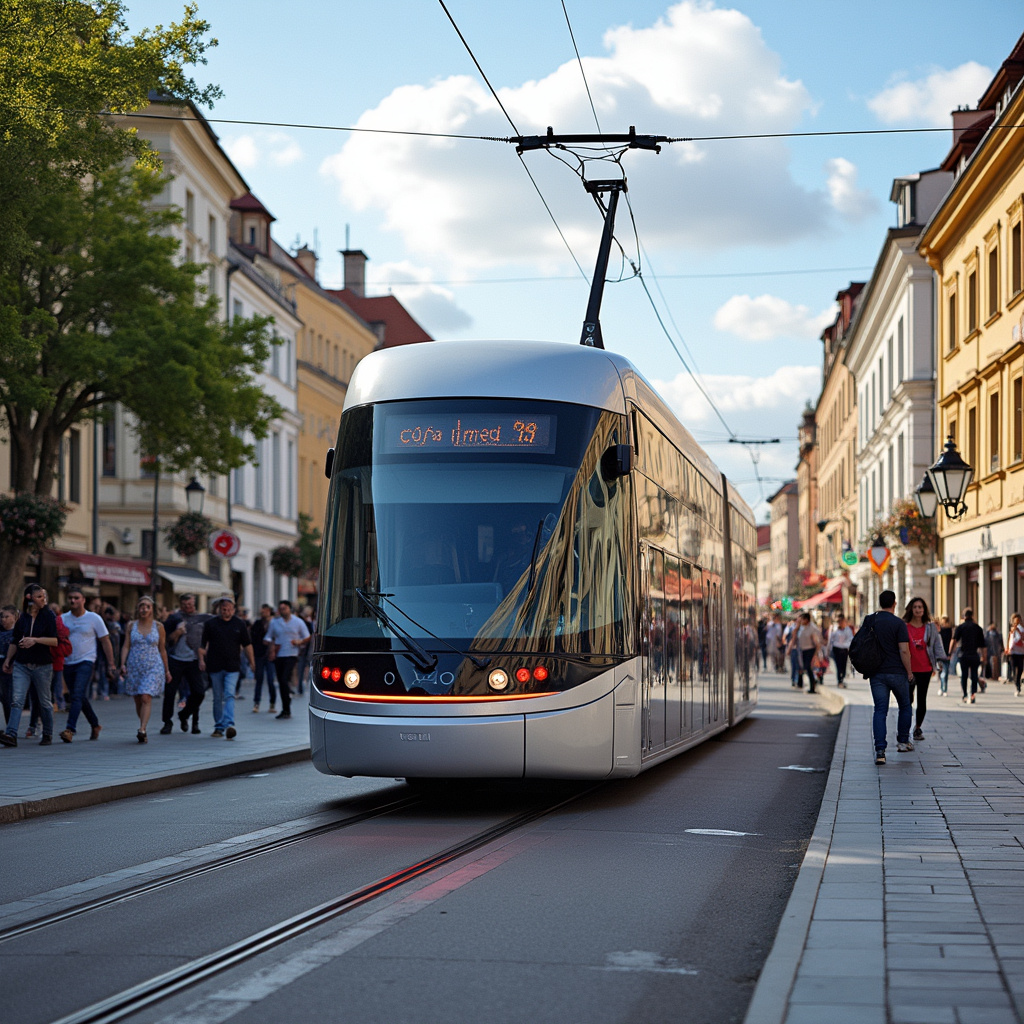 Nowoczesny tramwaj Škoda na tle miejskiego krajobrazu Ołomuńca