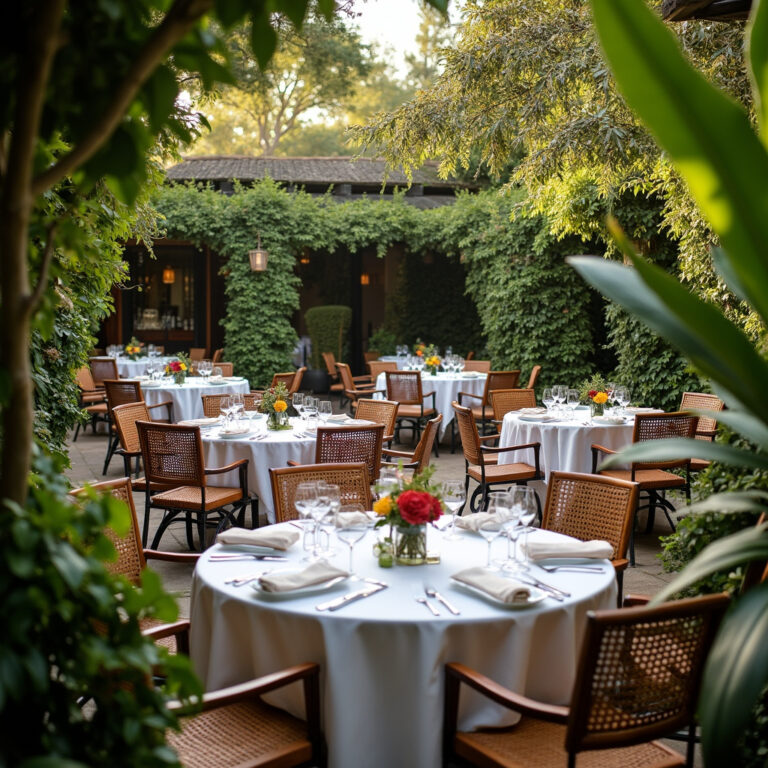 Ogród restauracji Le Rustique Nairobi z eleganckimi stolikami i bujną roślinnością