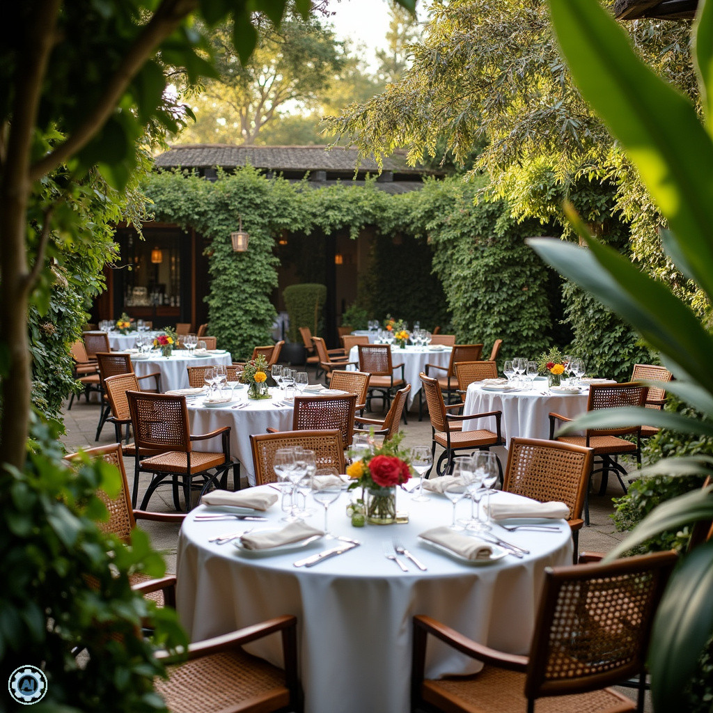 Ogród restauracji Le Rustique Nairobi z eleganckimi stolikami i bujną roślinnością