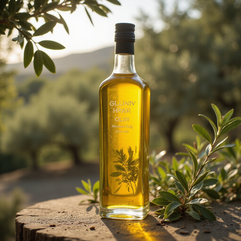 Złocista oliwa z oliwek z Hvaru w szklanej butelce na tle gaju oliwnego