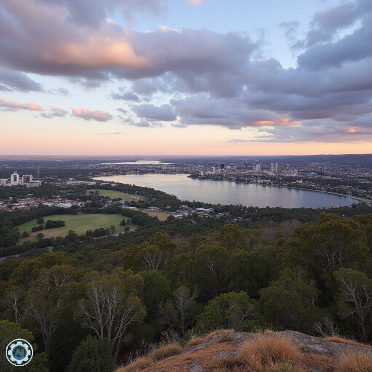 Panorama Canberry z Góry Ainslie z widokiem na jezioro Burley Griffin
