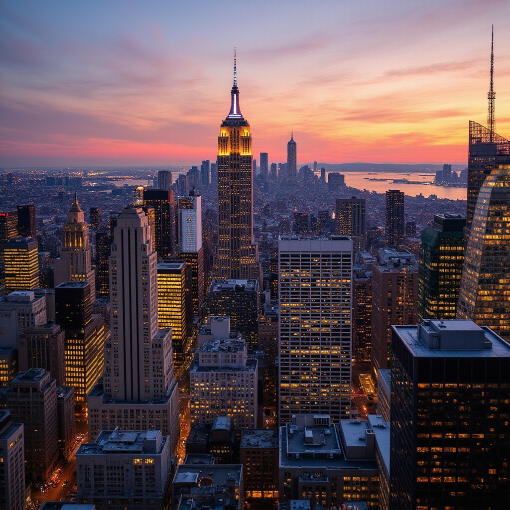 Nowojorskie wieżowce w świetle zachodu słońca, architektura Nowego Jorku, panorama miasta