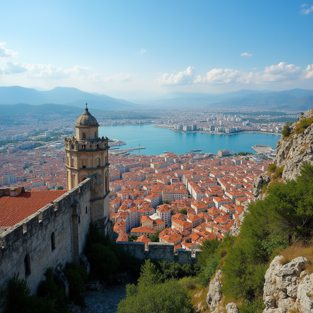 Panorama miasta Patras z zamku, widok na zatokę i zabudowania