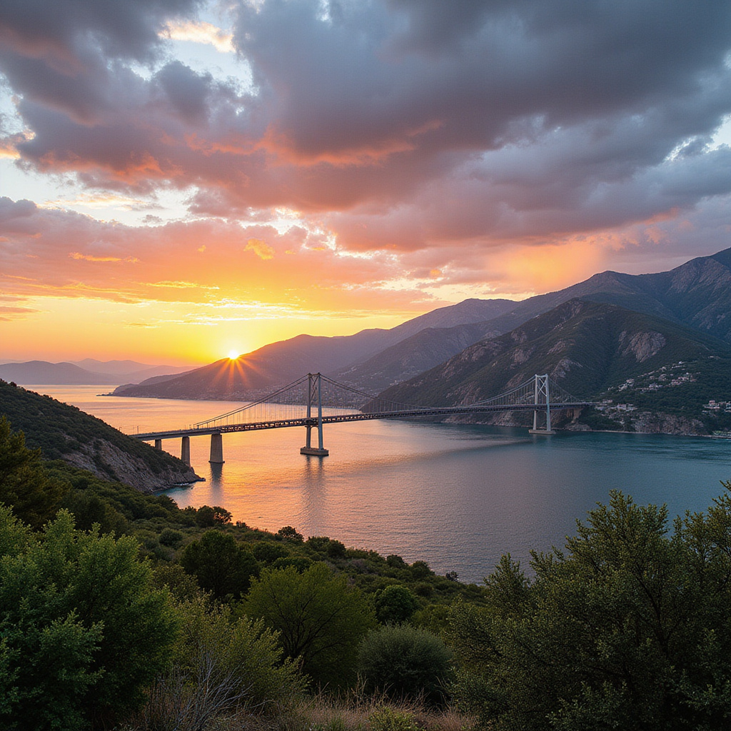 Widok na zatokę Koryncką z mostem Rio-Antirrio w tle, grecki krajobraz, morze