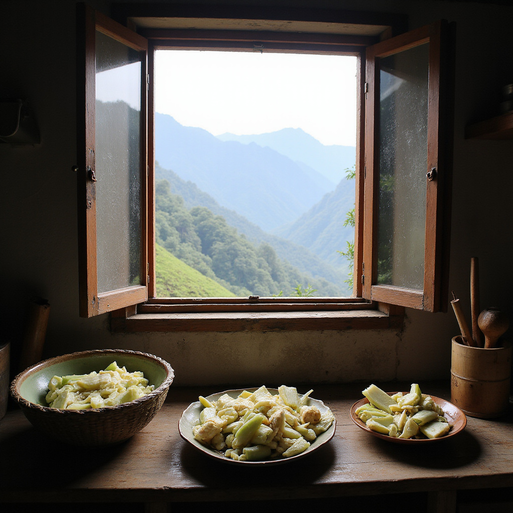 Pędy bambusa w kuchni Sapa na tle górskiego krajobrazu