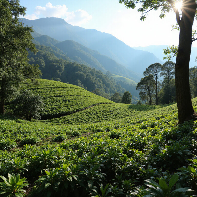 Plantacja kawy w Cordillerze otoczona górami i zielenią
