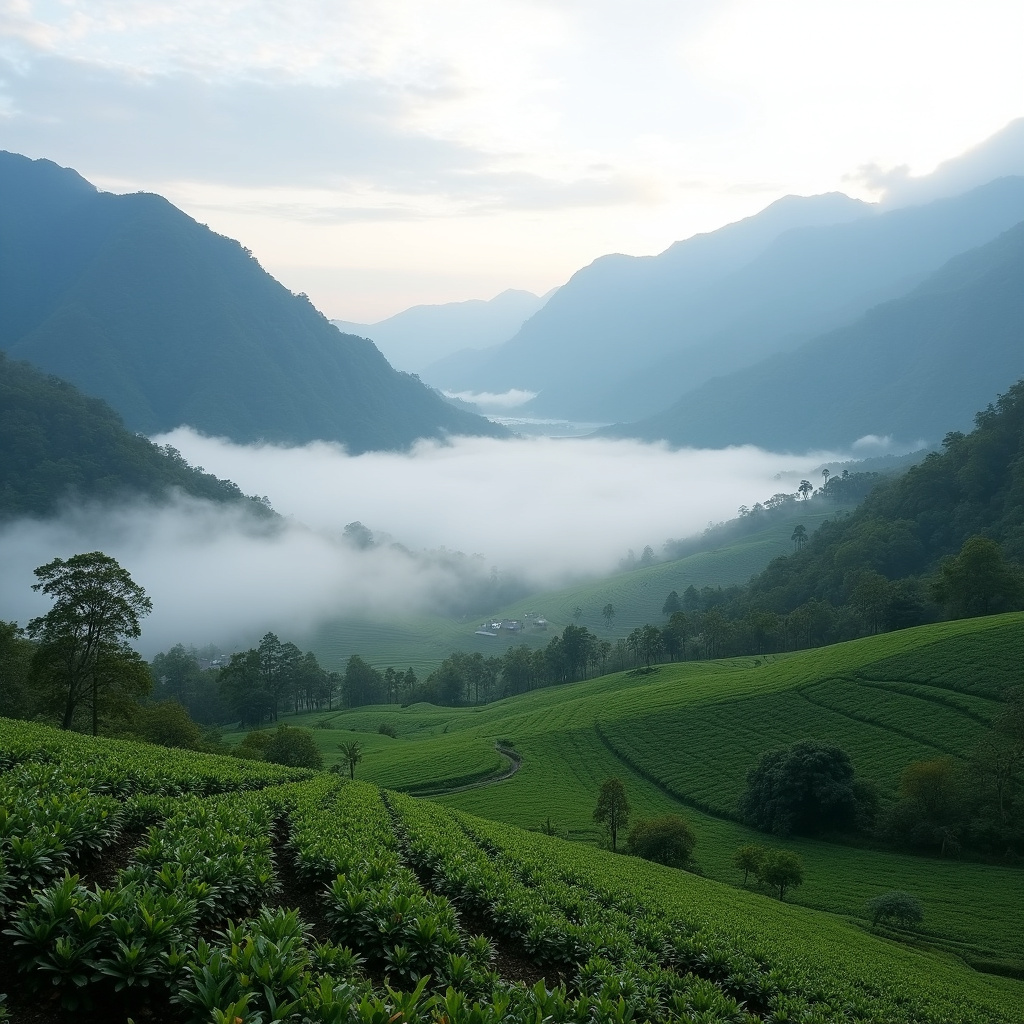 Plantacja kawy w Sapa otoczona górami i mgłą