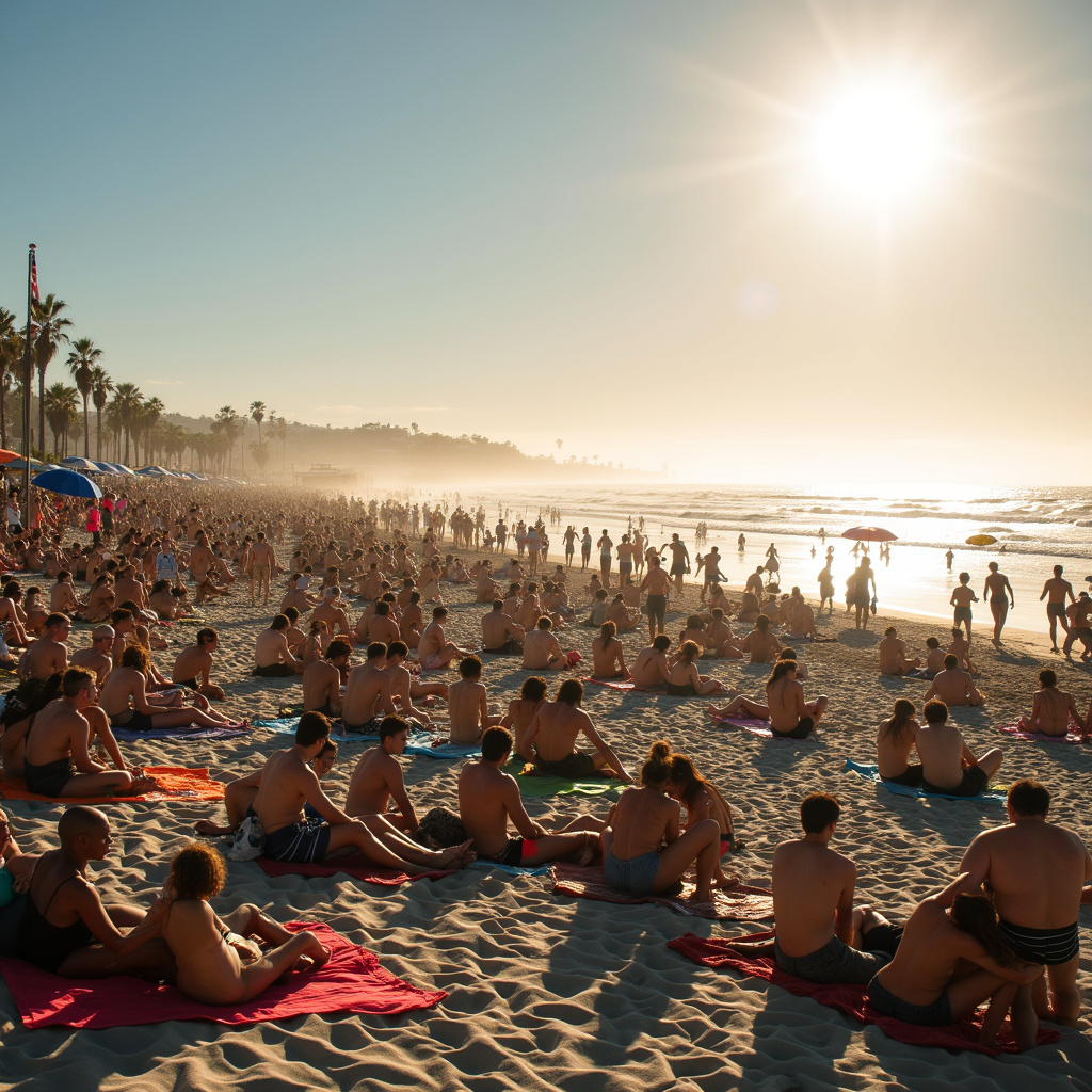 Tłum na plaży Santa Monica w słoneczny dzień