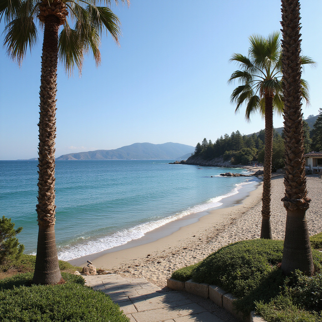 Widok na zatokę Patraską z plażą i palmami - relaks dla studentów