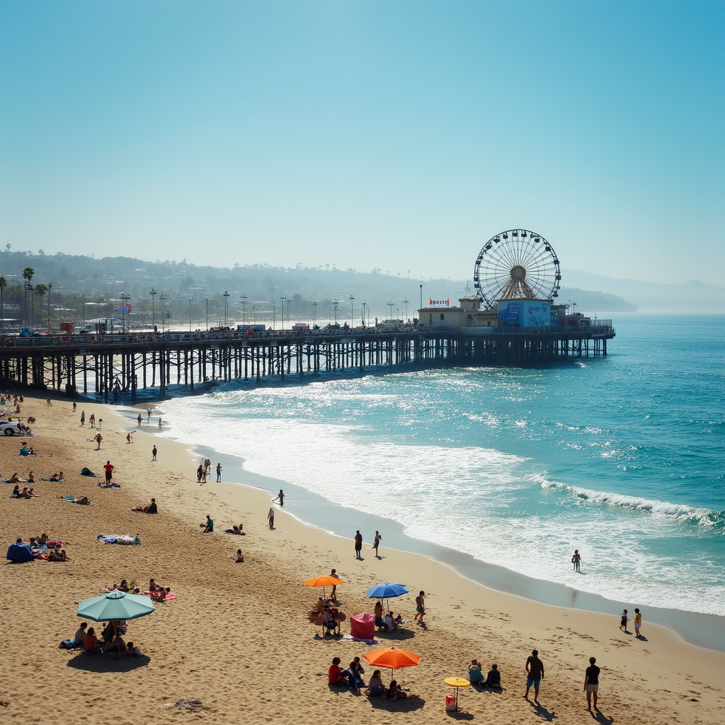 Plaża w Santa Monica z widokiem na molo, popularna atrakcja turystyczna