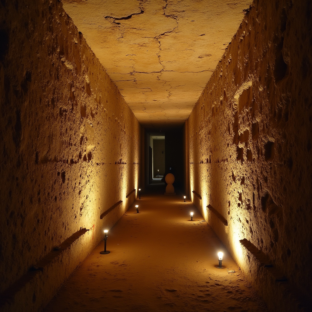 Podziemne korytarze katakumb Kom el-Shuqafa w Aleksandrii z widocznymi starożytnymi reliefami