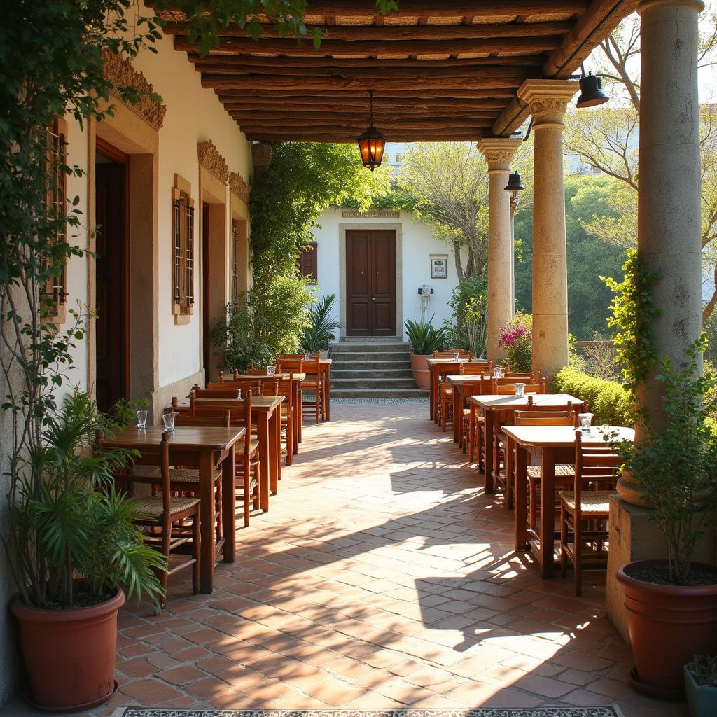 Tradycyjna grecka kawiarnia w Ano Poli, oświetlona miękkim światłem poranka