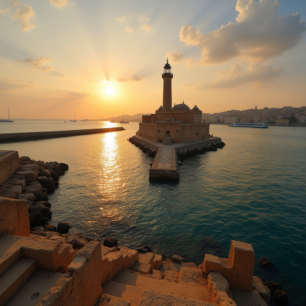 Widok na port w Aleksandrii z pozostałościami latarni morskiej