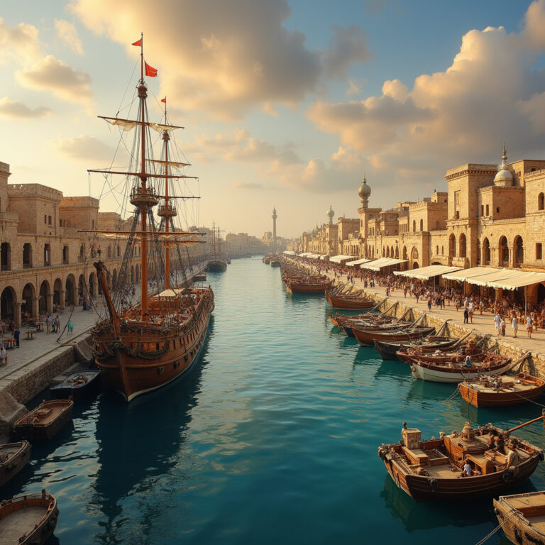 Port w Aleksandrii – starożytne centrum handlu morskiego z widocznymi statkami i zabudowaniami