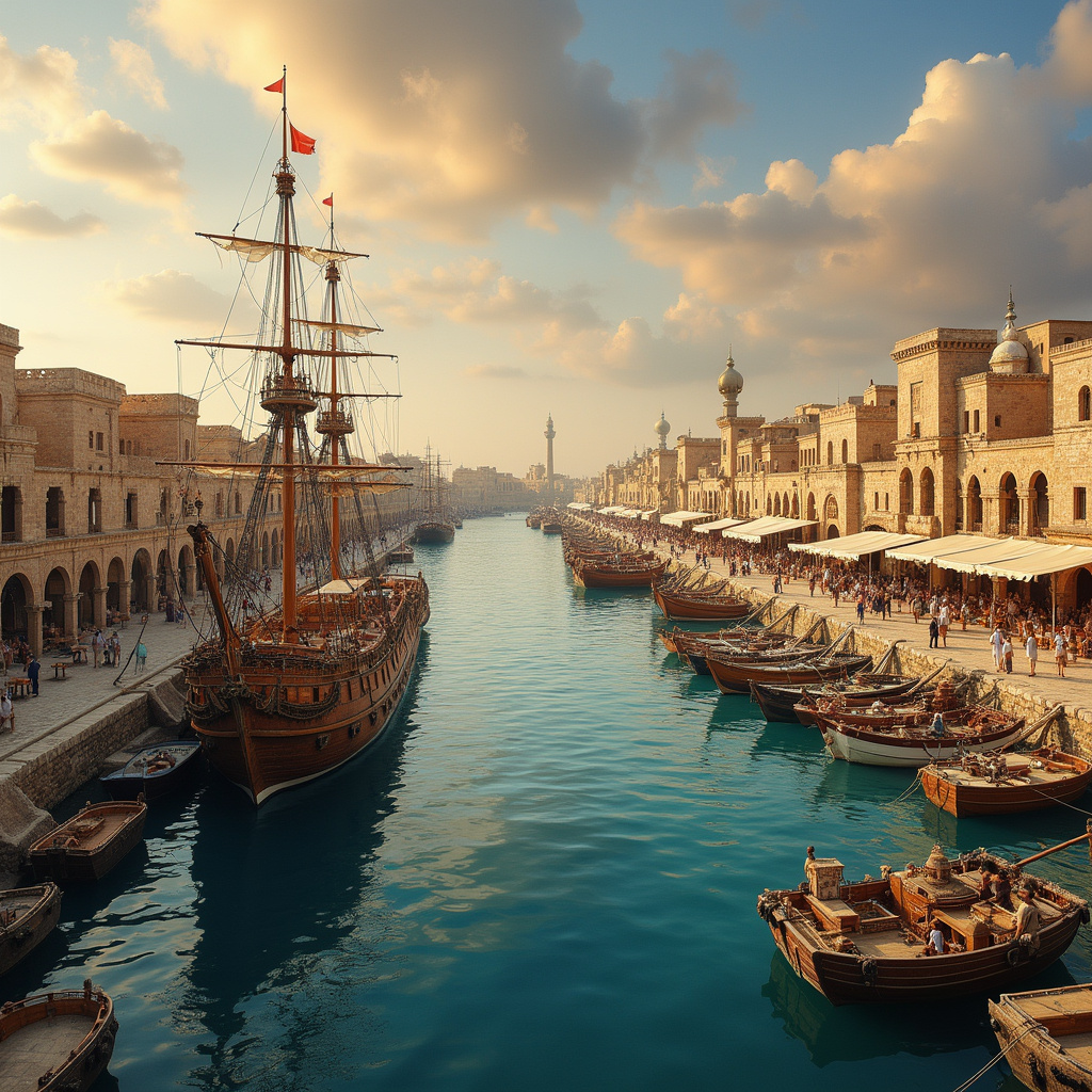 Port w Aleksandrii - starożytne centrum handlu morskiego z widocznymi statkami i zabudowaniami