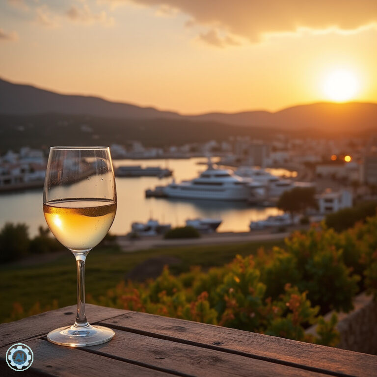 Widok na port Latsi z kieliszkiem wina, cypryjskie winnice w tle