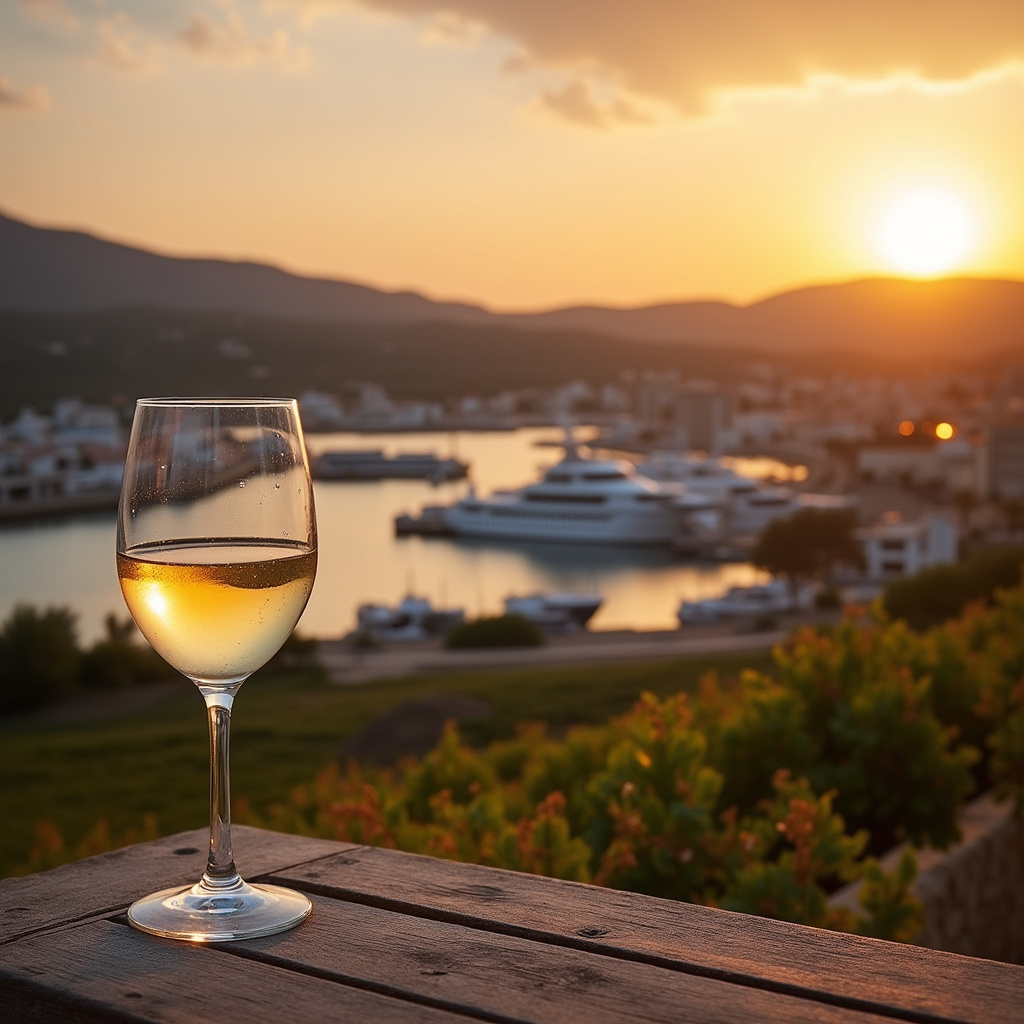 Widok na port Latsi z kieliszkiem wina, cypryjskie winnice w tle