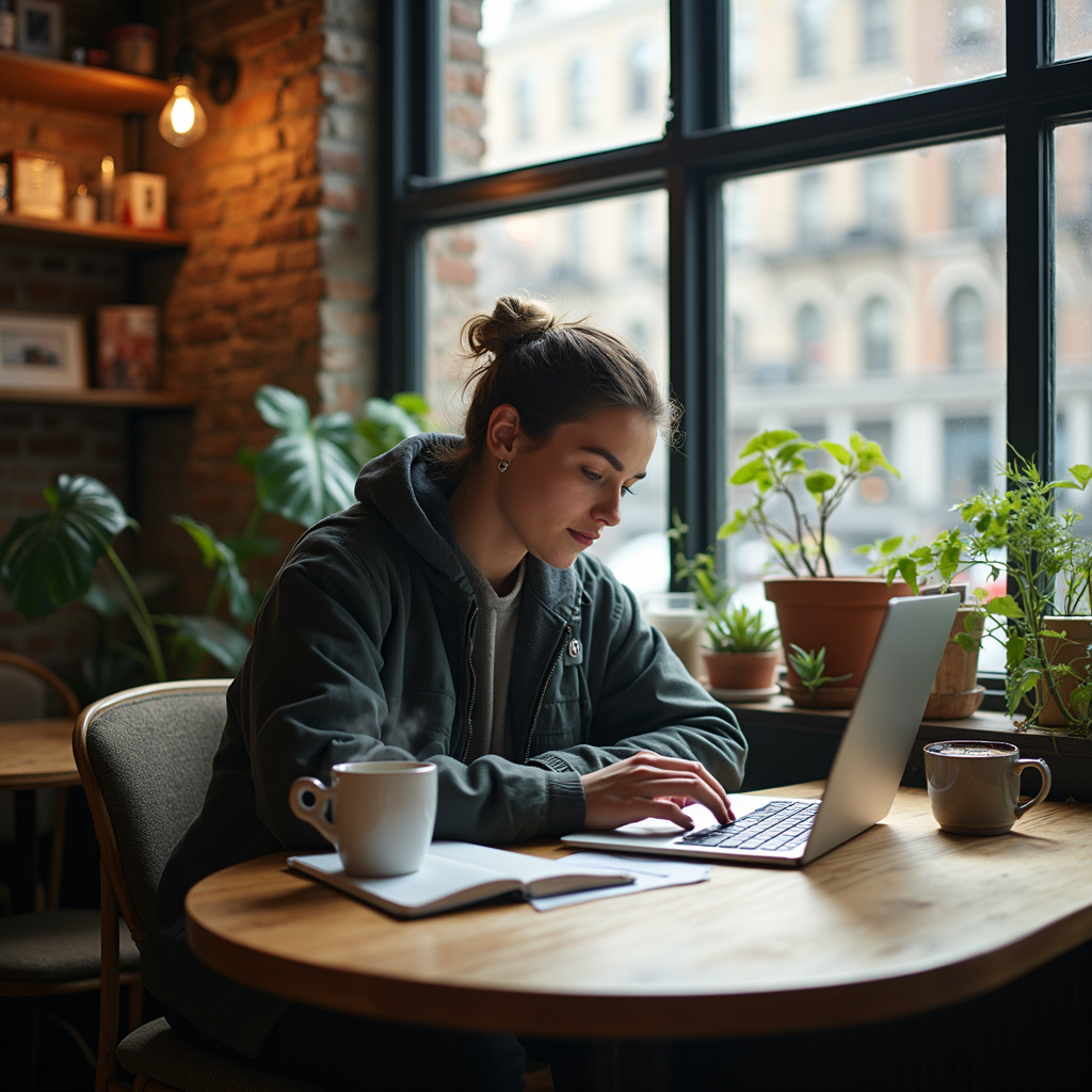 Młoda osoba pracująca nad projektem w kawiarni w Nowym Jorku, kreatywna atmosfera
