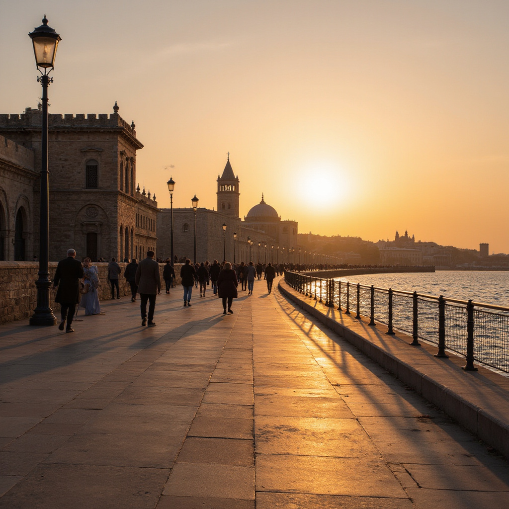 Spacer po promenadzie w Aleksandrii z widokiem na zabytkową zabudowę