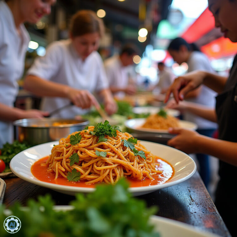 Uczestnicy tajskiego kursu gotowania przygotowują pad thai na tle lokalnego targu