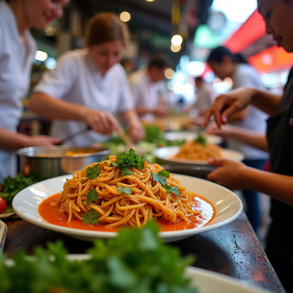 Uczestnicy tajskiego kursu gotowania przygotowują pad thai na tle lokalnego targu