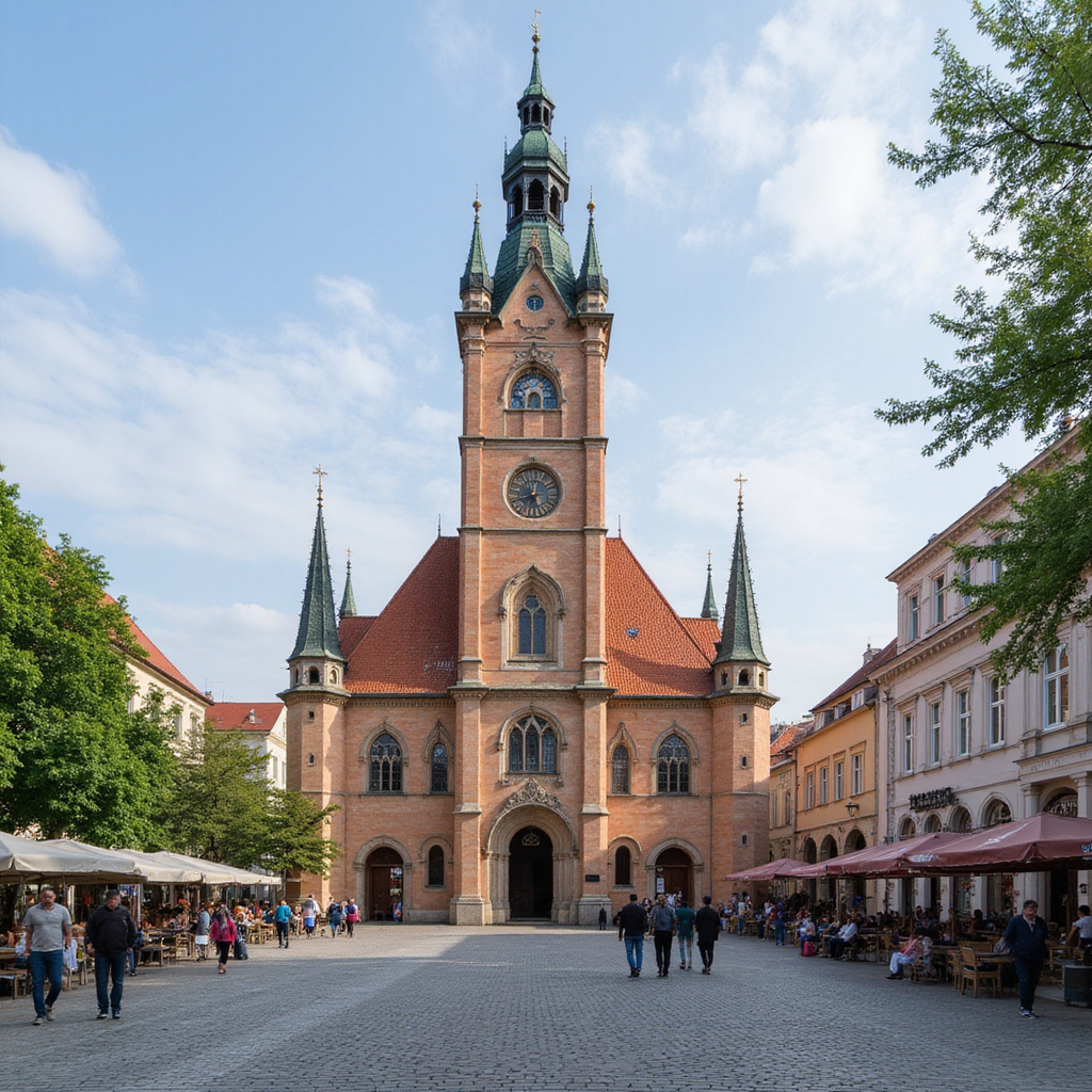 Ratusz w Ołomuńcu z socrealistycznym zegarem astronomicznym na tle rynku