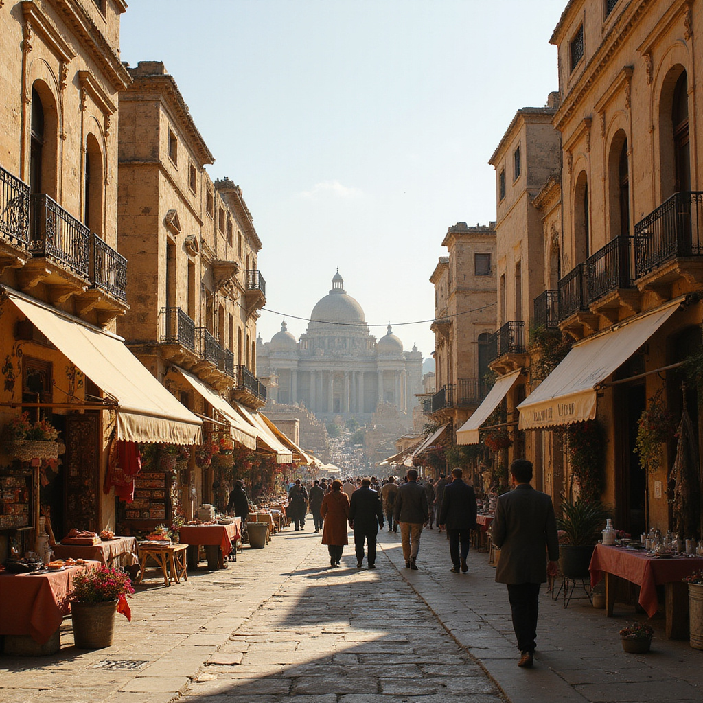 Ulica w Kartaginie z widokiem na rzymskie ruiny, historyczna podróż