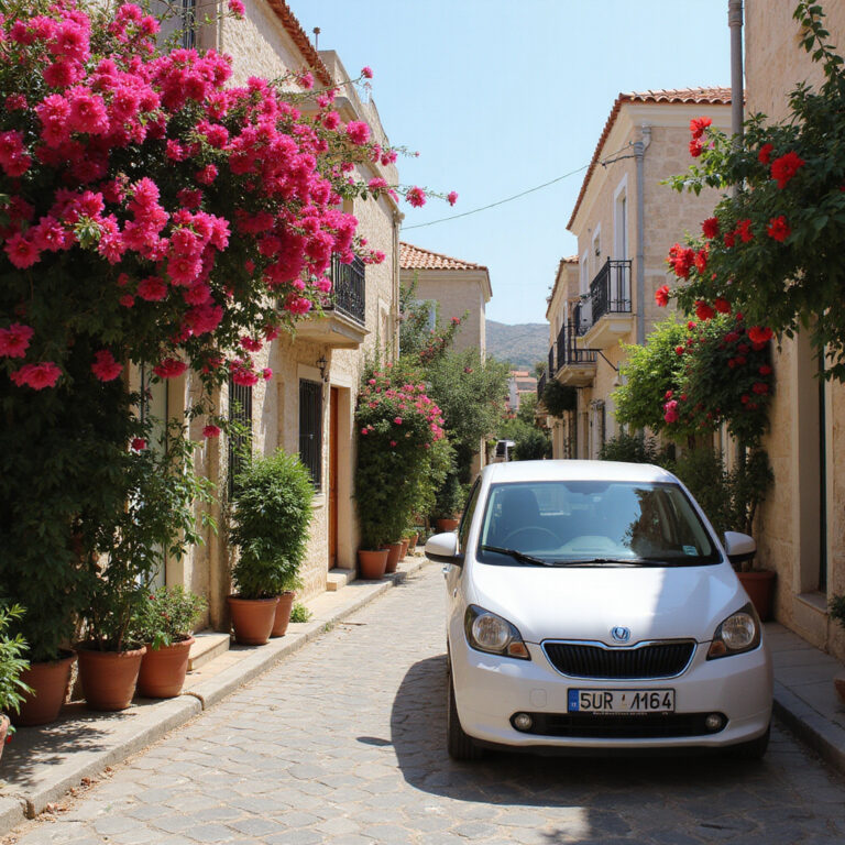 samochód na wynajem na Cyprze parkujący przy malowniczej ulicy