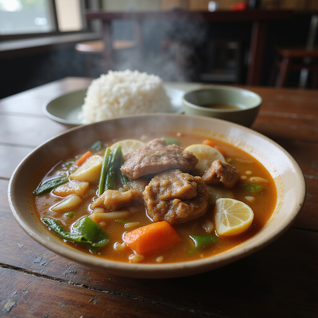 Ugotowana zupa sinigang podawana z ryżem w filipińskiej restauracji