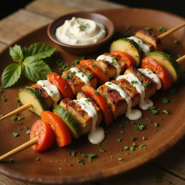 souvlaki na patyczkach z warzywami i sosem tzatziki, grecka kuchnia uliczna