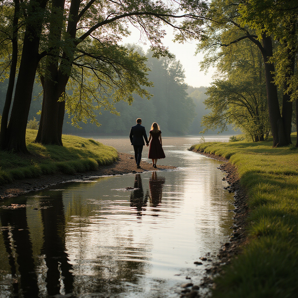 Spacerująca para nad rzeką Lielupe w Jelgavie, spokojna sceneria