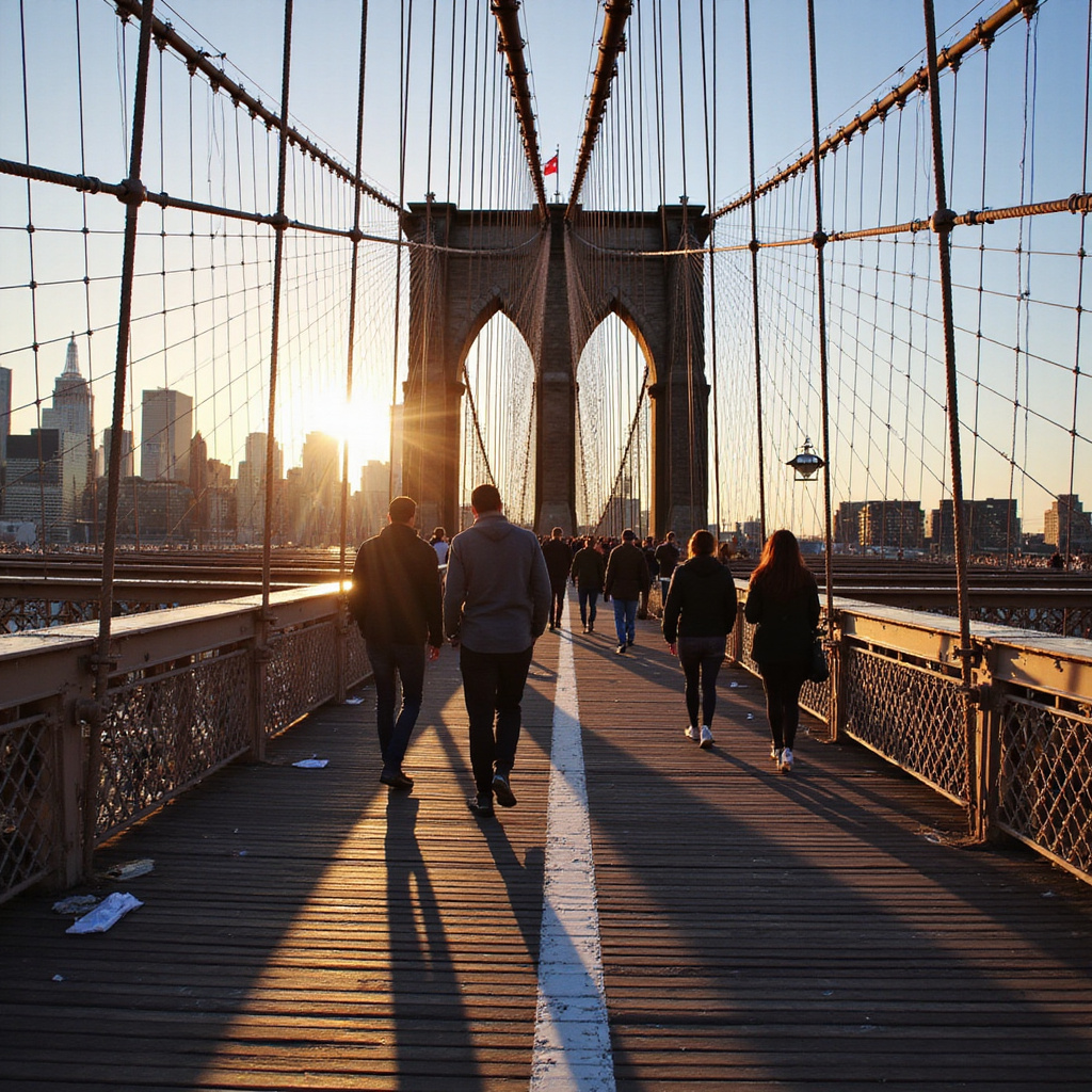 Spacerujący ludzie na Moście Brooklińskim z widokiem na Manhattan