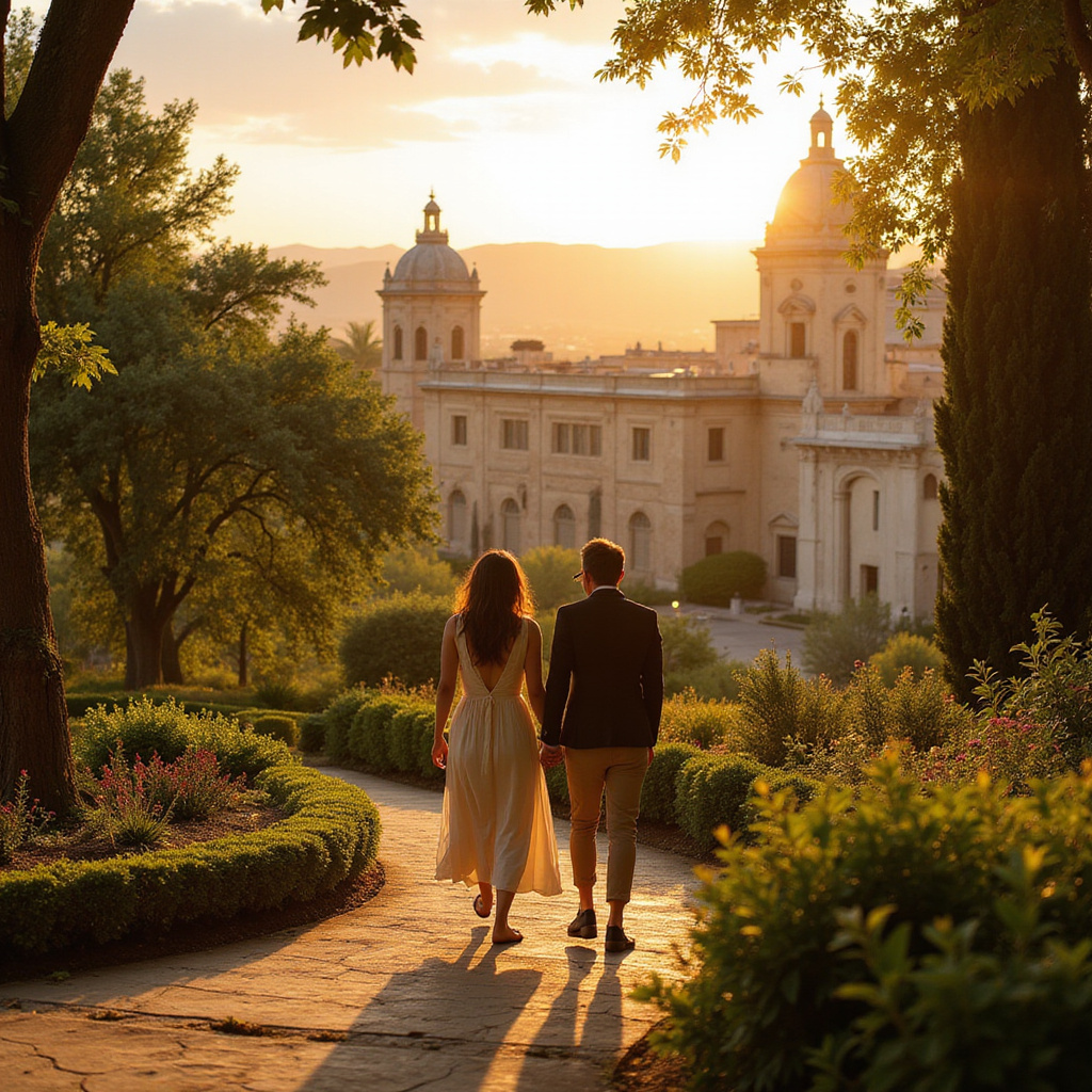 Spacerująca para w ogrodach Montaza z widokiem na historyczną architekturę