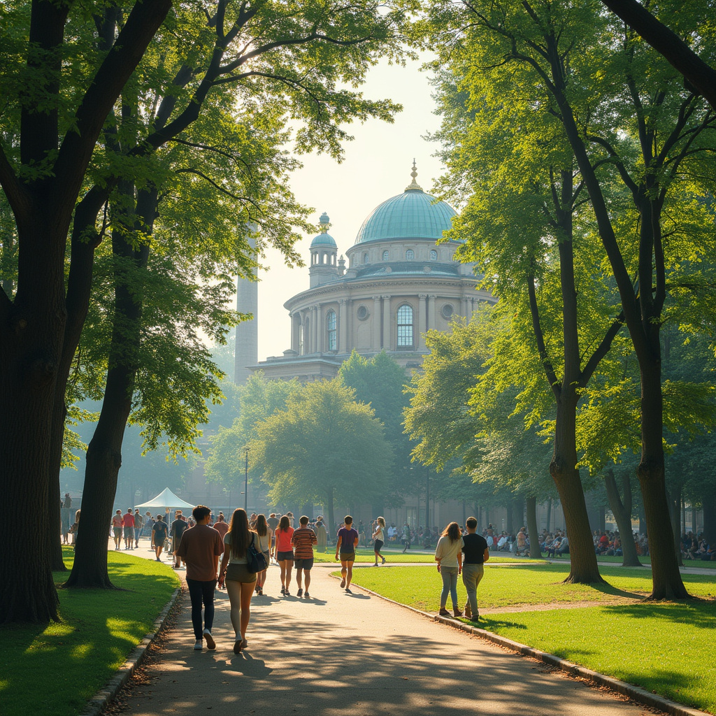 Spacerujący ludzie w Parku Źródliska, zielona przestrzeń i historyczna architektura