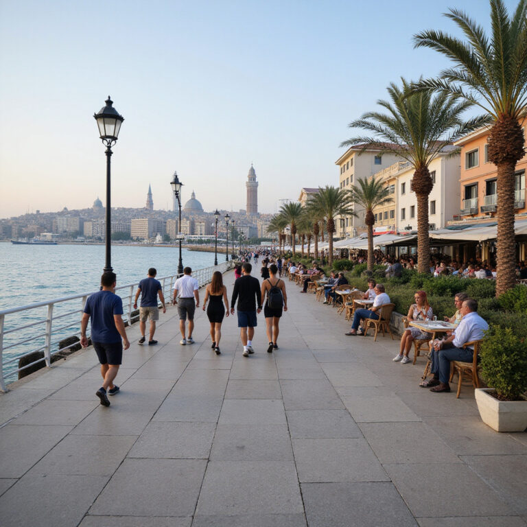 Spacerujący ludzie na tle morza wzdłuż Aleksandryjskiej Corniche, promenada i kawiarnie