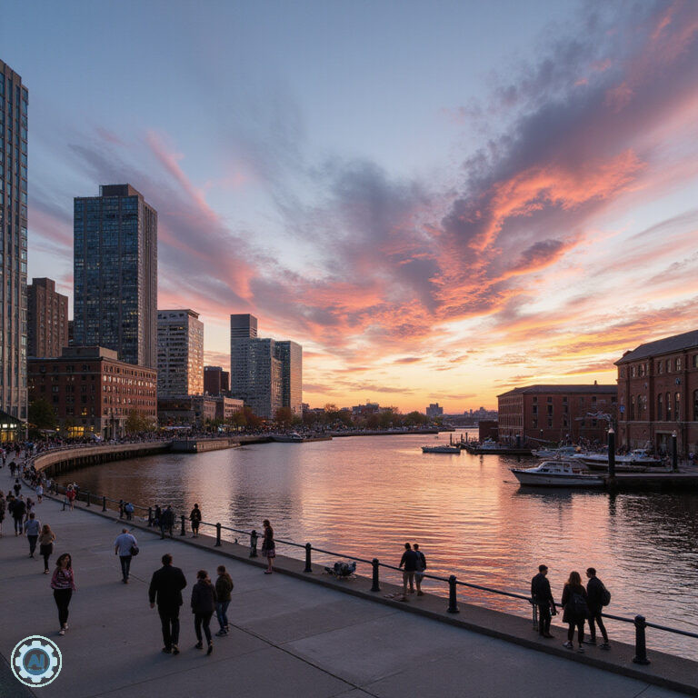Spacerujący ludzie wzdłuż Boston Harborwalk z widokiem na nowoczesne budynki i historyczne doki