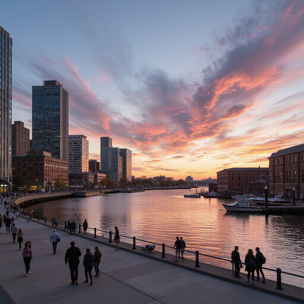 Spacerujący ludzie wzdłuż Boston Harborwalk z widokiem na nowoczesne budynki i historyczne doki