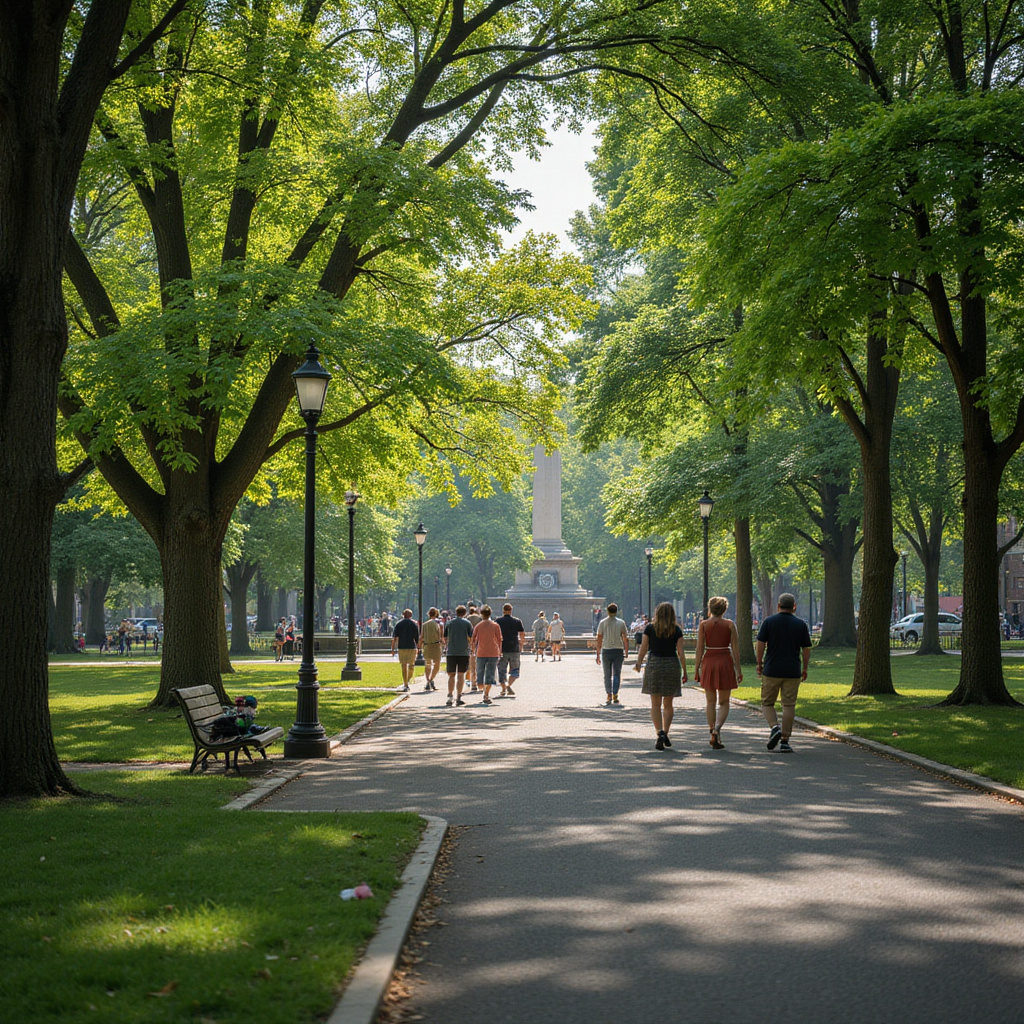 Spacerujący ludzie wśród zieleni Boston Common, symbol wolności