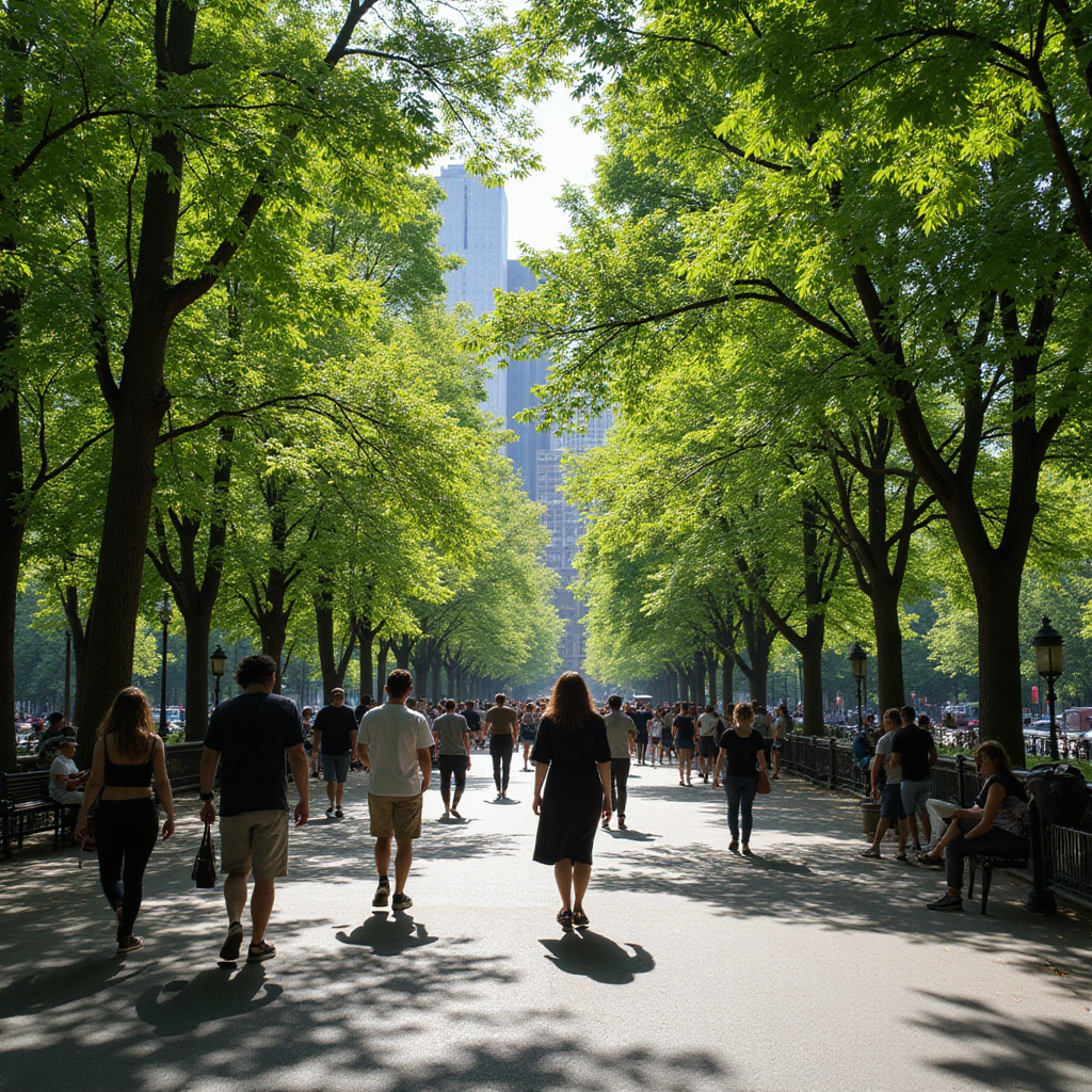 Spacerujący ludzie w Central Parku z zielonymi drzewami w tle