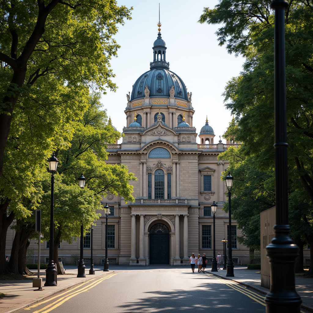 Stary Budynek Parlamentu widziany z ulicy, otoczony drzewami i zabytkowymi latarniami