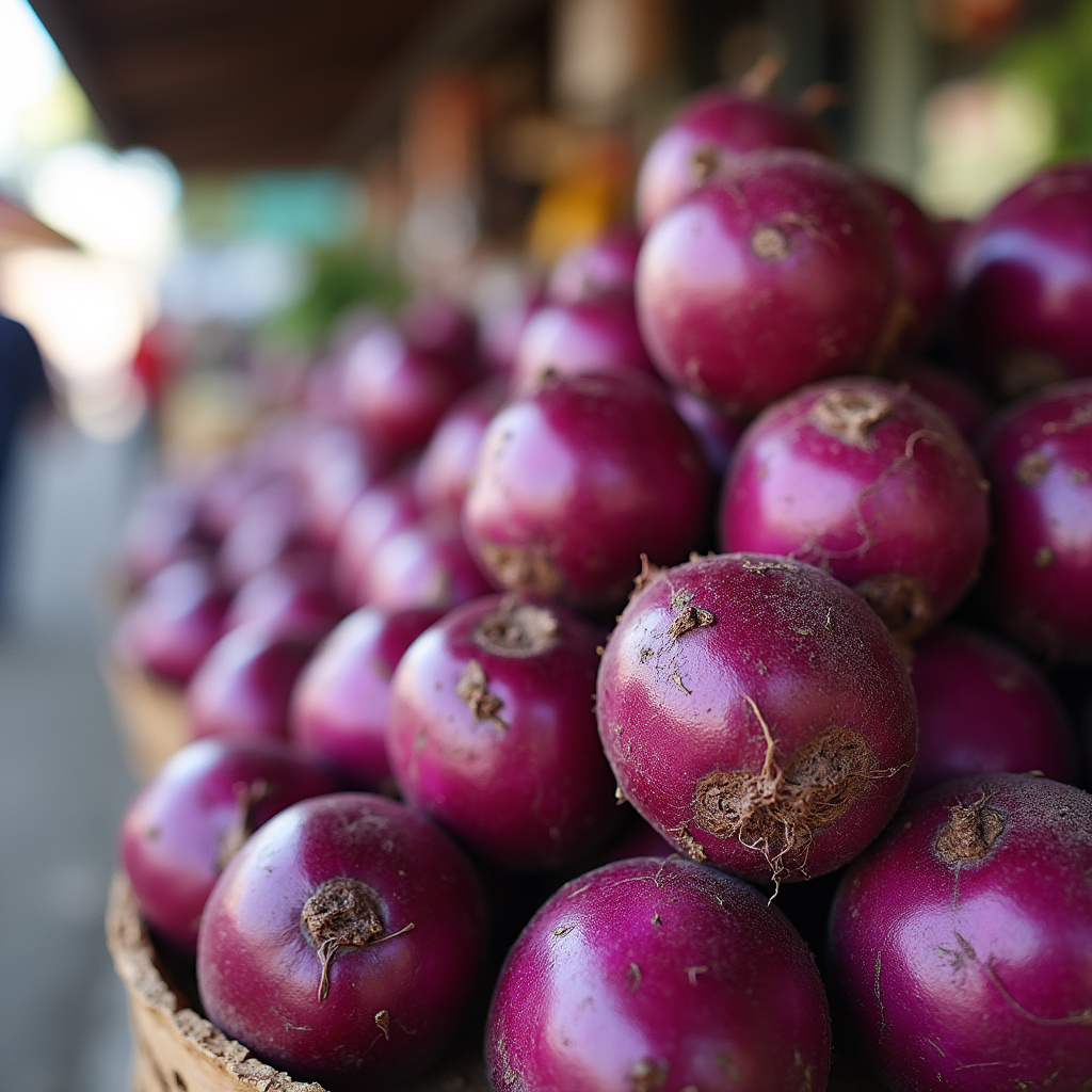 Fioletowe ube na straganie w Baguio, świeże warzywo korzeniowe