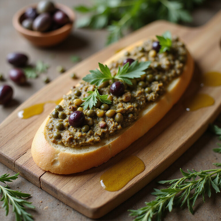 Tapenade na świeżej bagietce z oliwkami i kaparami, prowansalska przekąska