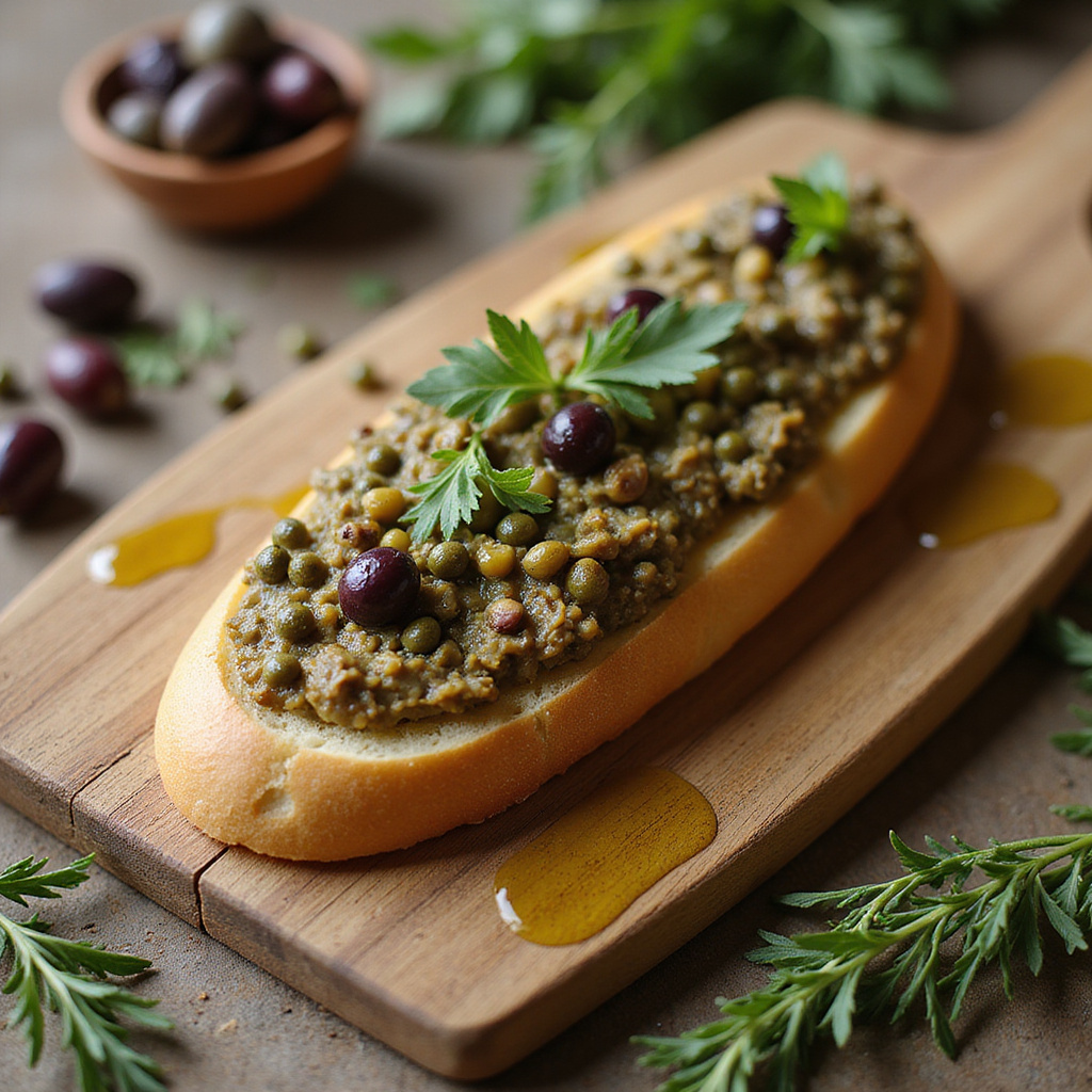 Tapenade na świeżej bagietce z oliwkami i kaparami, prowansalska przekąska