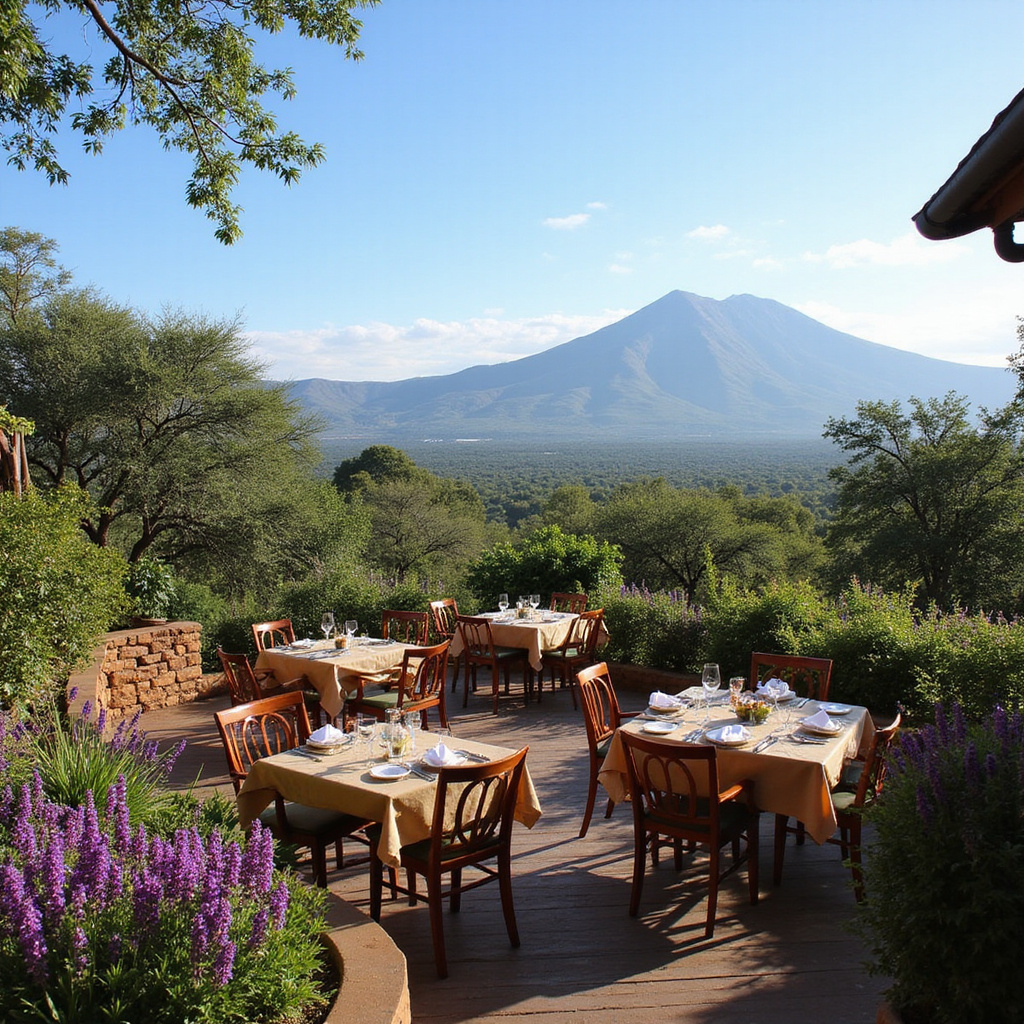 Taras restauracji z panoramą na górę Kenya i okoliczne krajobrazy