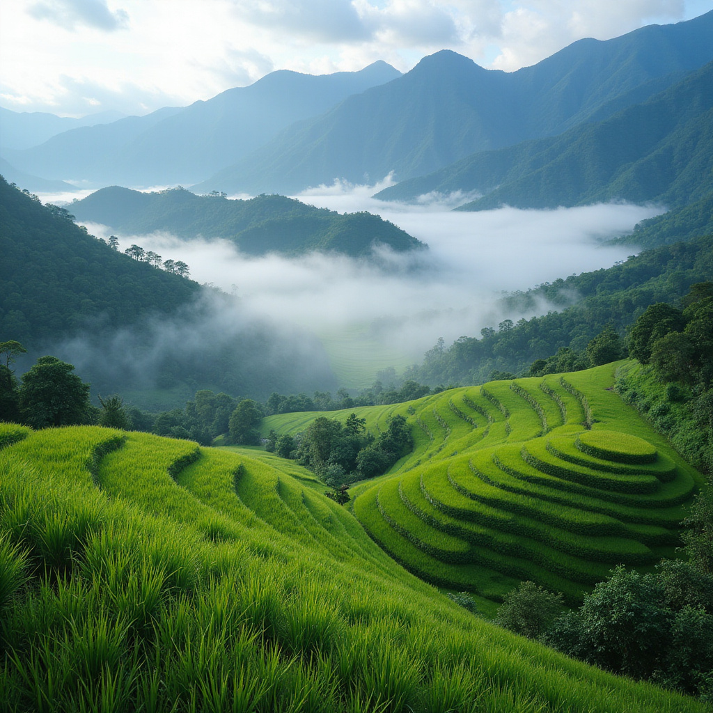 Tarasowe pola ryżowe w Sapa otoczone górami i mgłą
