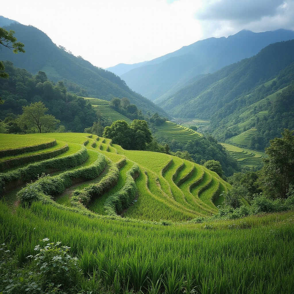 Tarasowe pola ryżowe w Sapa otoczone górami Hoang Lien Son